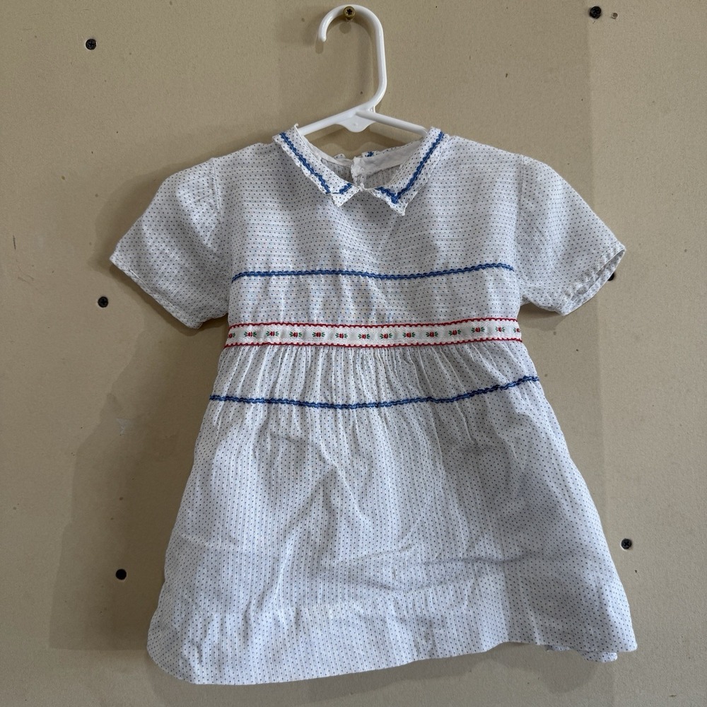 Vintage 70s/80s Smocked Baby Dress White Blue Red Geometric Embroidery